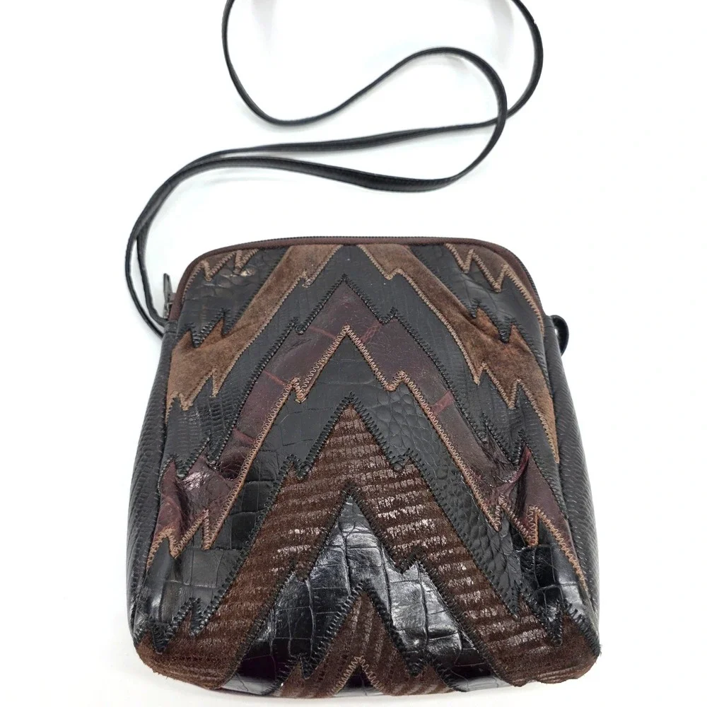 Vintage Sharif‎ Crossbody Bag Patchwork Leather Suede Brown Black Snake USA 80s